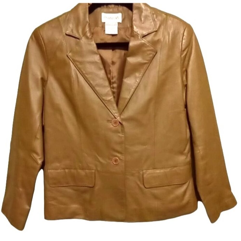 Preppy Chic Tan Brown Leather Blazer Size 6P Minimalist Timeless Vintage 90s
